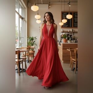 Sherri Hill Red Halter Plunge Maxi Gown